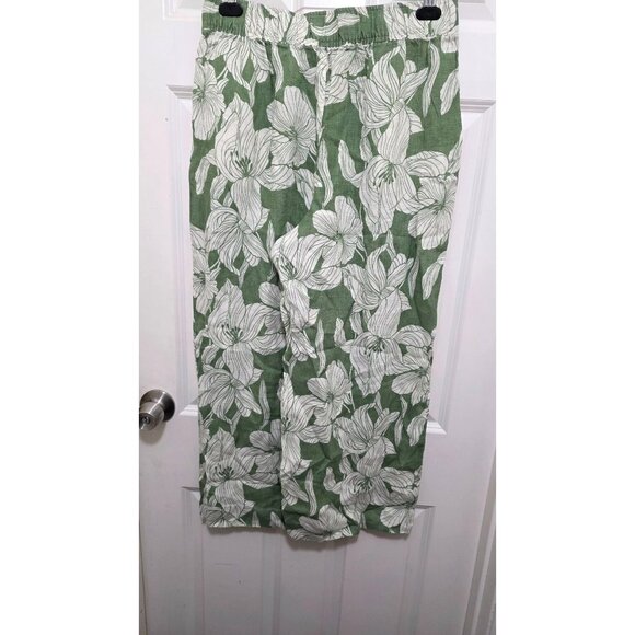 Tahari Women's Green & White Floral Print 100% Linen Pants Size L Elastic Waistb - Picture 3 of 6